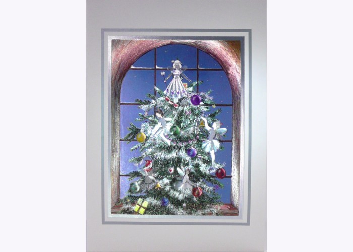 Stunning Art Foil 3D Xmas New Year's Cards "Fairies Decorating Christmas Tree" 